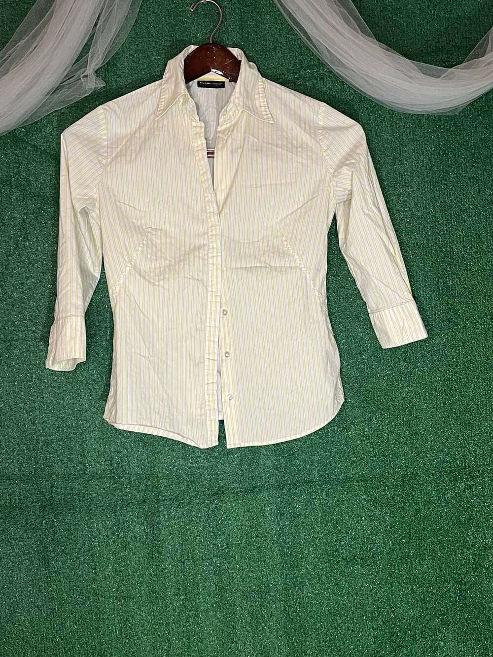 New York & Company Women's Stretch Yellow And White Striped Button Down Shirt Si